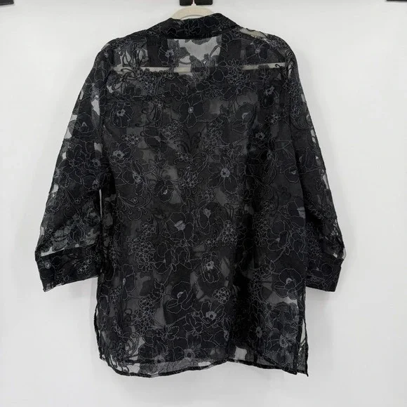 Erin London Black Floral Sheer Button Up Tunic Top Size XL - Picture 2 of 13